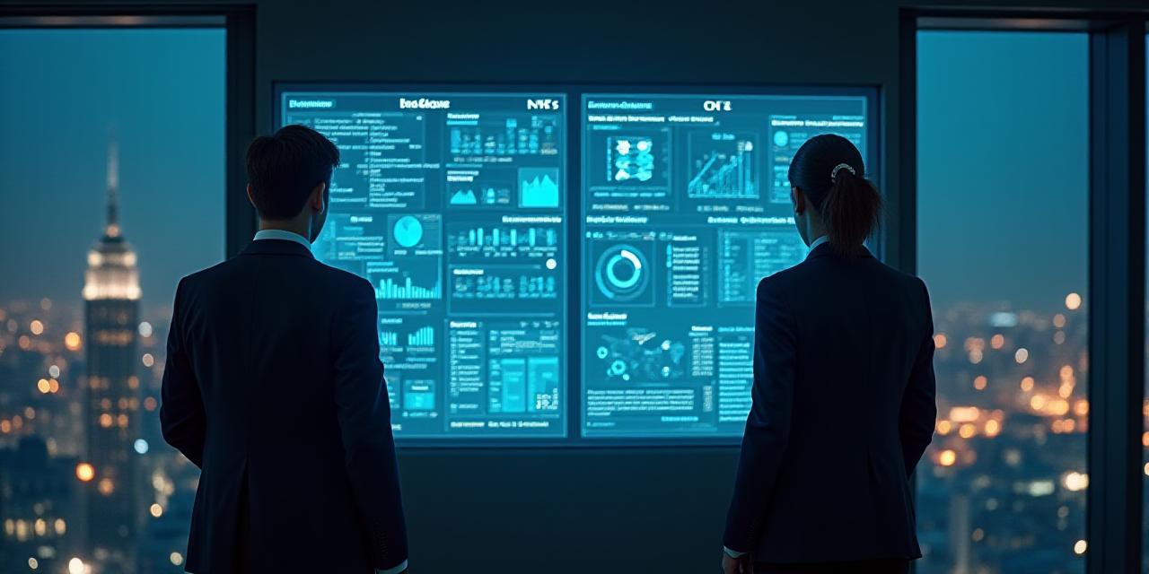 A sophisticated digital dashboard being reviewed by a business executive in a modern high-rise office